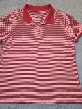 LL Bean Women's Polo Shirt Large Red White Stripe